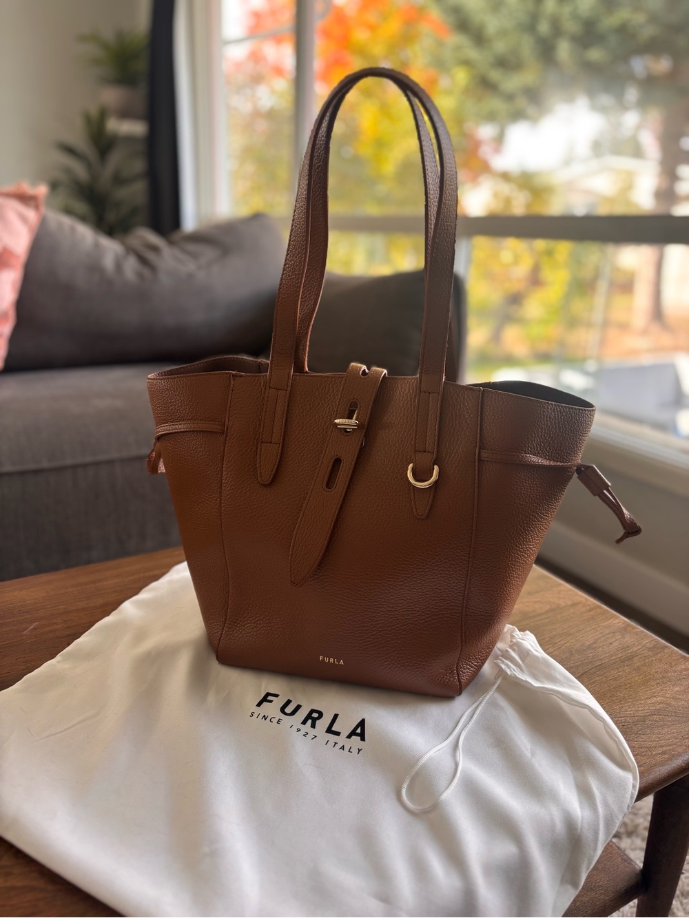 Furla Chestnut Pebbled Leather Tote with Gold Hardware